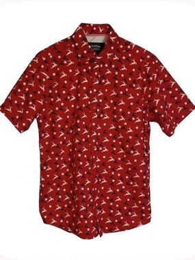 MONUMENT Reindeer Stars Casual Button Up Shirt, Men’s M, Red White Black